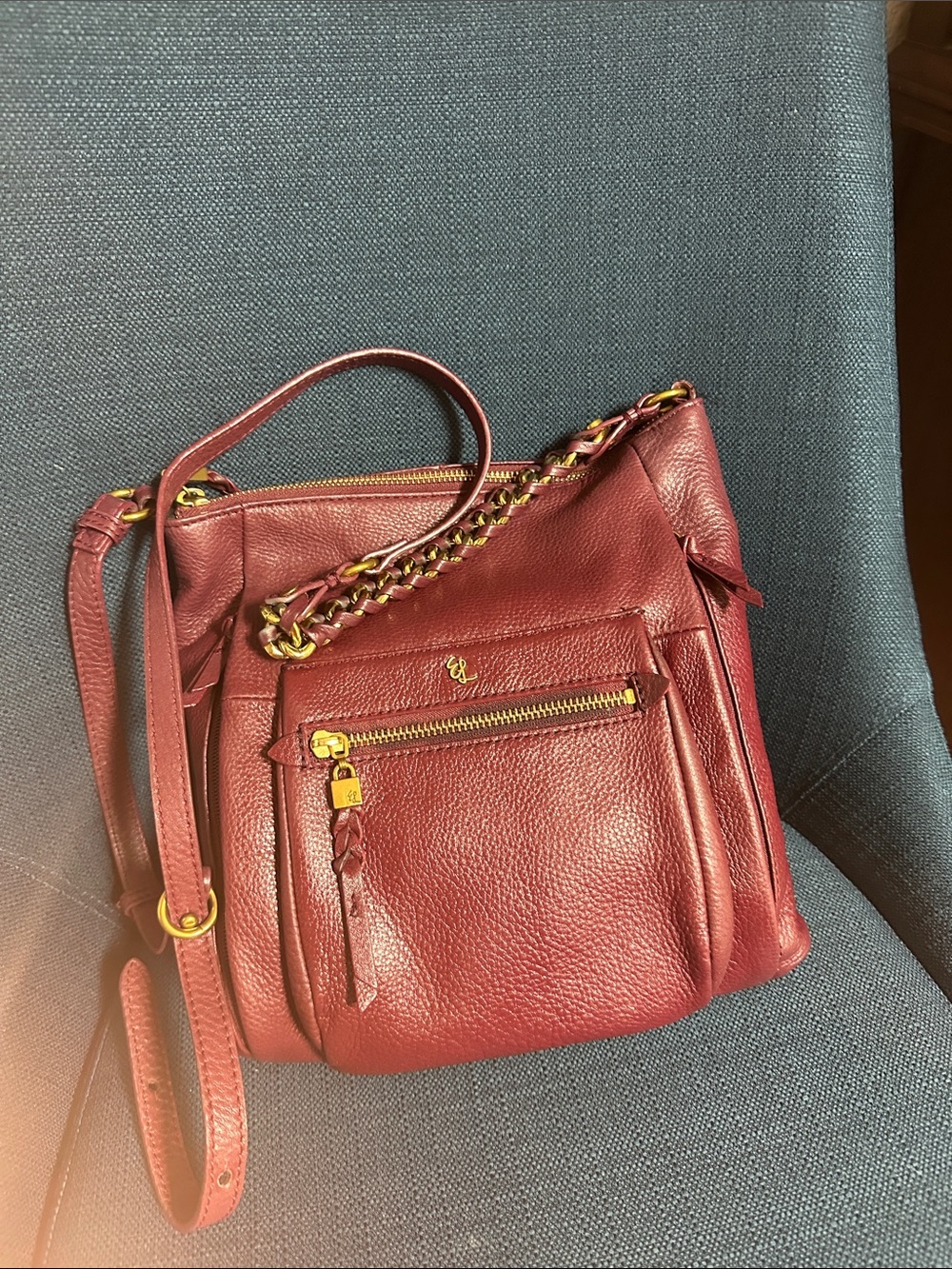Elliott Lucca Burgundy Leather Shoulder Bag with Gold Hardware